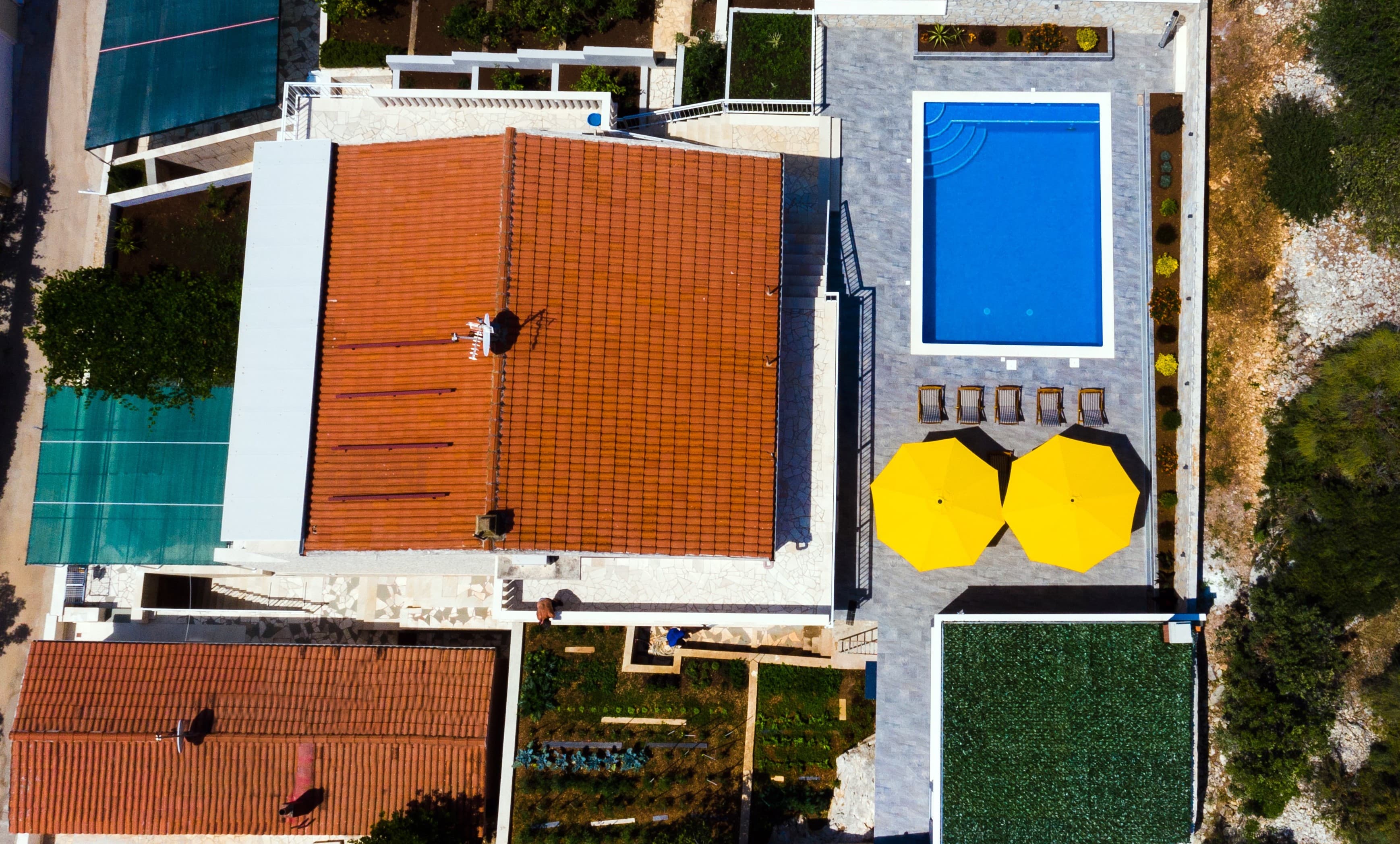 Top-down aerial view of the property showing pool and grounds